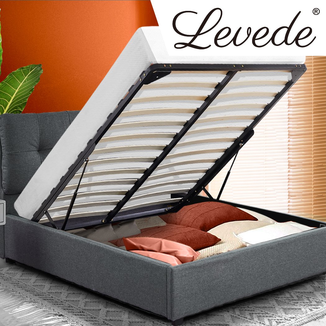 Levede Queen Size Bed Frame with Gas Lift Storage, featuring a plush padded headboard and elegant charcoal linen upholstery.