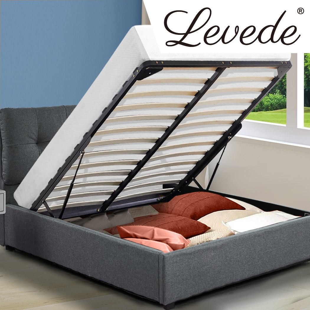 Levede Queen Size Bed Frame with Gas Lift Storage, featuring a plush padded headboard and elegant charcoal linen upholstery.