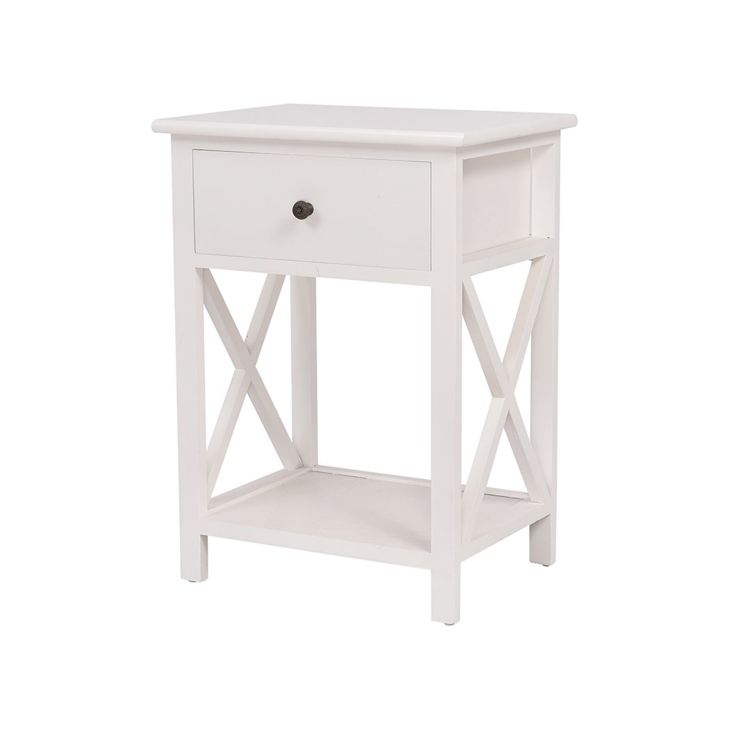 Levede Bedside Table Chest of Drawers in elegant white finish, showcasing sturdy solid wood construction and spacious drawers.