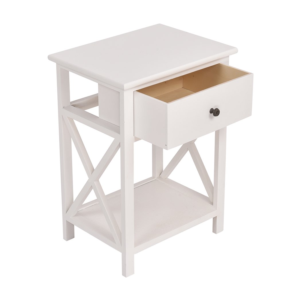 Levede Bedside Table Chest of Drawers in elegant white finish, showcasing sturdy solid wood construction and spacious drawers.