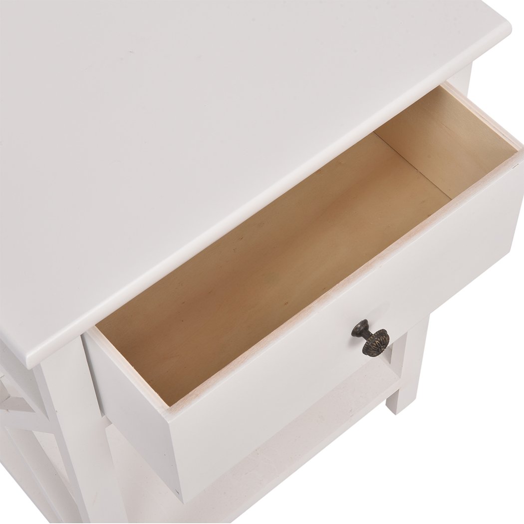 Levede Bedside Table Chest of Drawers in elegant white finish, showcasing sturdy solid wood construction and spacious drawers.