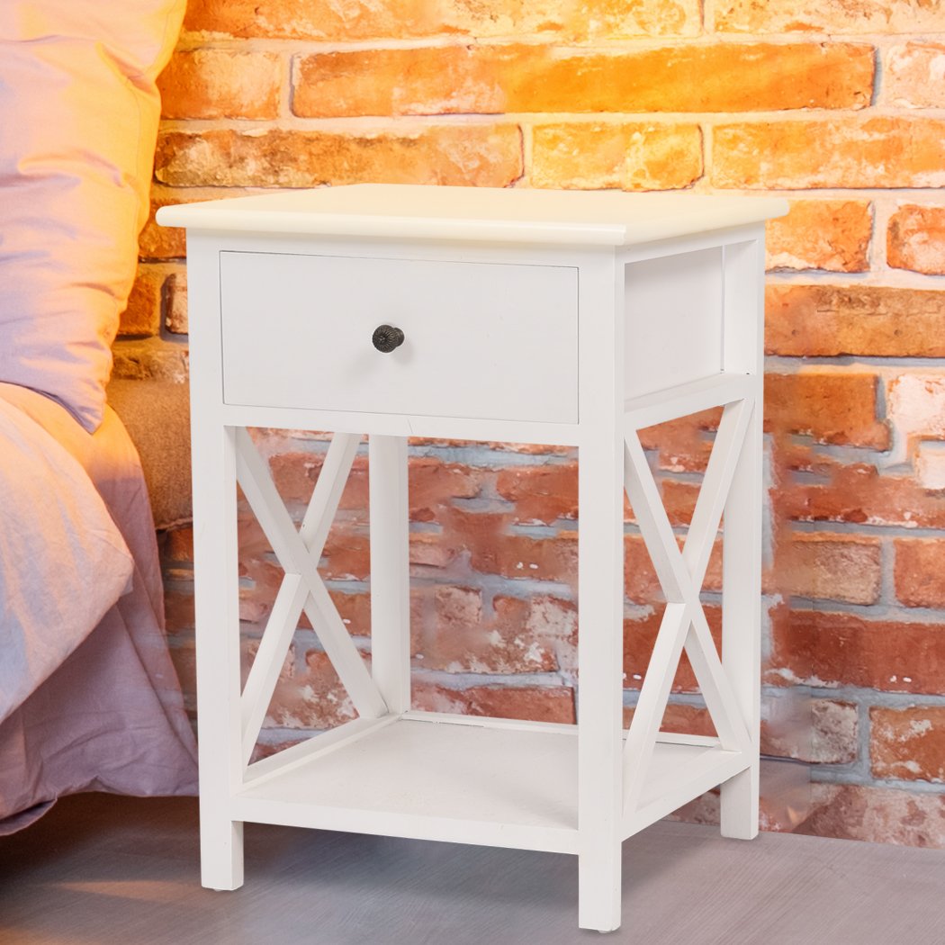 Levede Bedside Table Chest of Drawers in elegant white finish, showcasing sturdy solid wood construction and spacious drawers.