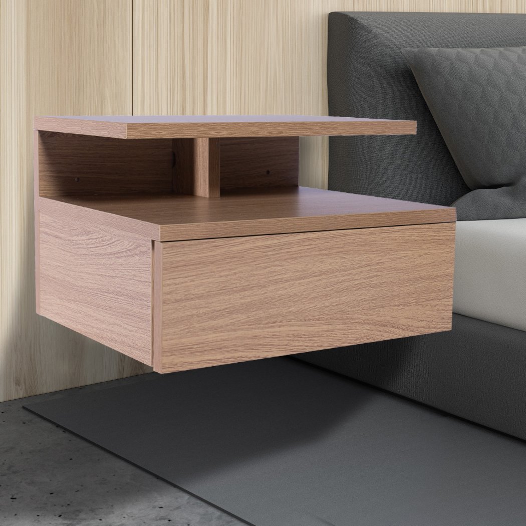 Levede Bedside Tables featuring LED light, modern design, and oak finish, mounted on the wall with storage drawers.