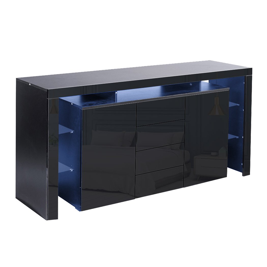 Levede Buffet Sideboard Cabinet in black with high gloss finish and customizable LED lights, showcasing ample storage space and modern design.