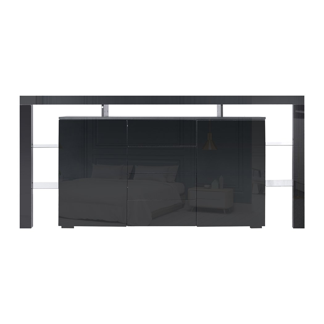 Levede Buffet Sideboard Cabinet in black with high gloss finish and customizable LED lights, showcasing ample storage space and modern design.