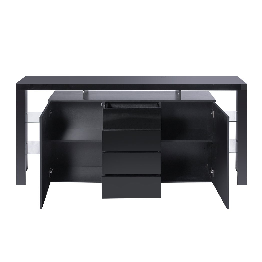 Levede Buffet Sideboard Cabinet in black with high gloss finish and customizable LED lights, showcasing ample storage space and modern design.