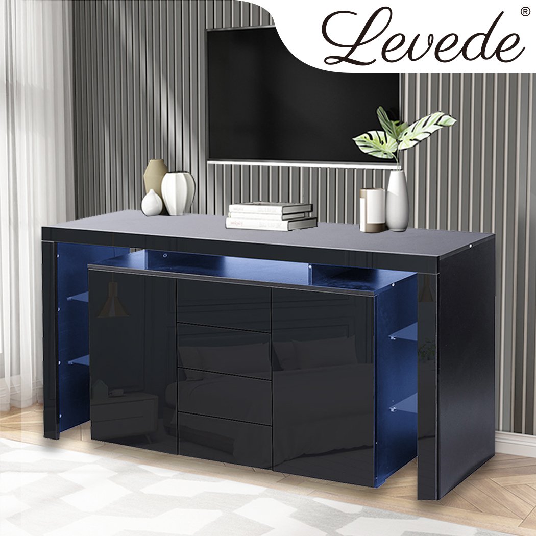 Levede Buffet Sideboard Cabinet in black with high gloss finish and customizable LED lights, showcasing ample storage space and modern design.