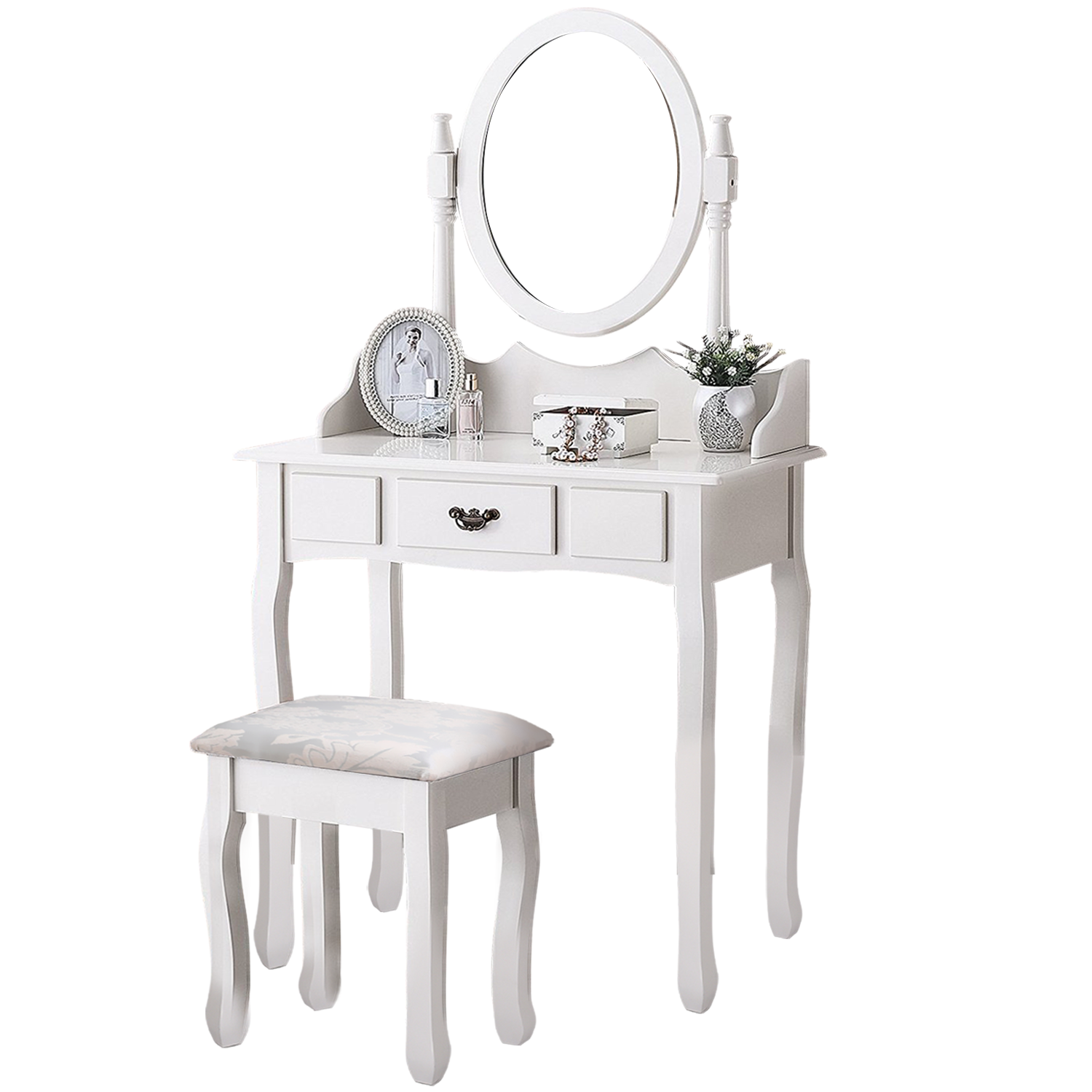 Levede Dressing Table Stool with Mirror and Drawers, elegantly designed in white, featuring a padded stool and ample storage for makeup and jewelry.