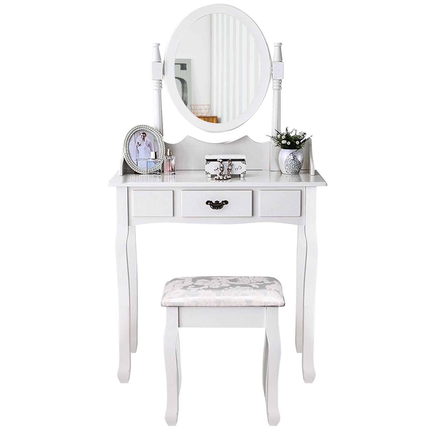 Levede Dressing Table Stool with Mirror and Drawers, elegantly designed in white, featuring a padded stool and ample storage for makeup and jewelry.