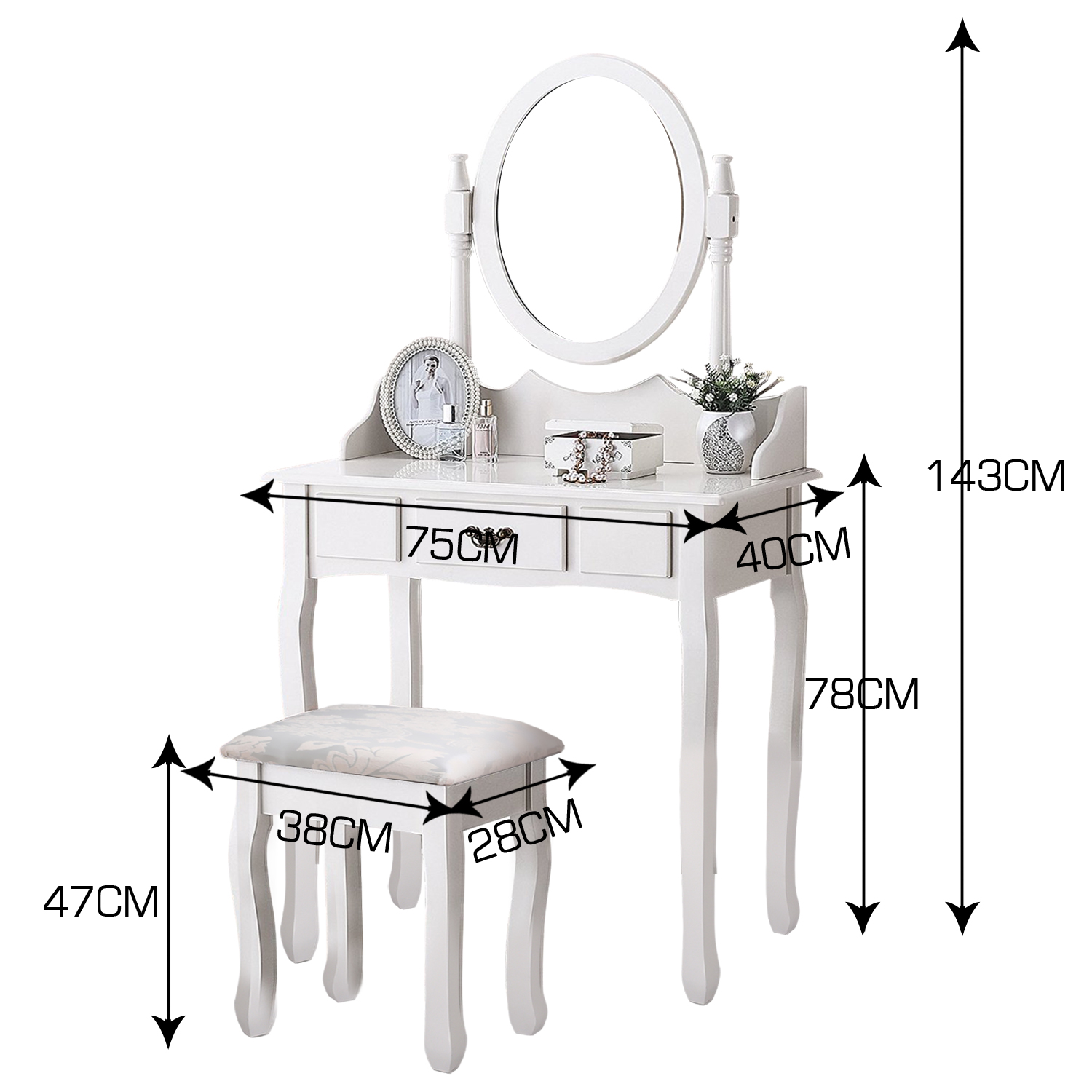 Levede Dressing Table Stool with Mirror and Drawers, elegantly designed in white, featuring a padded stool and ample storage for makeup and jewelry.