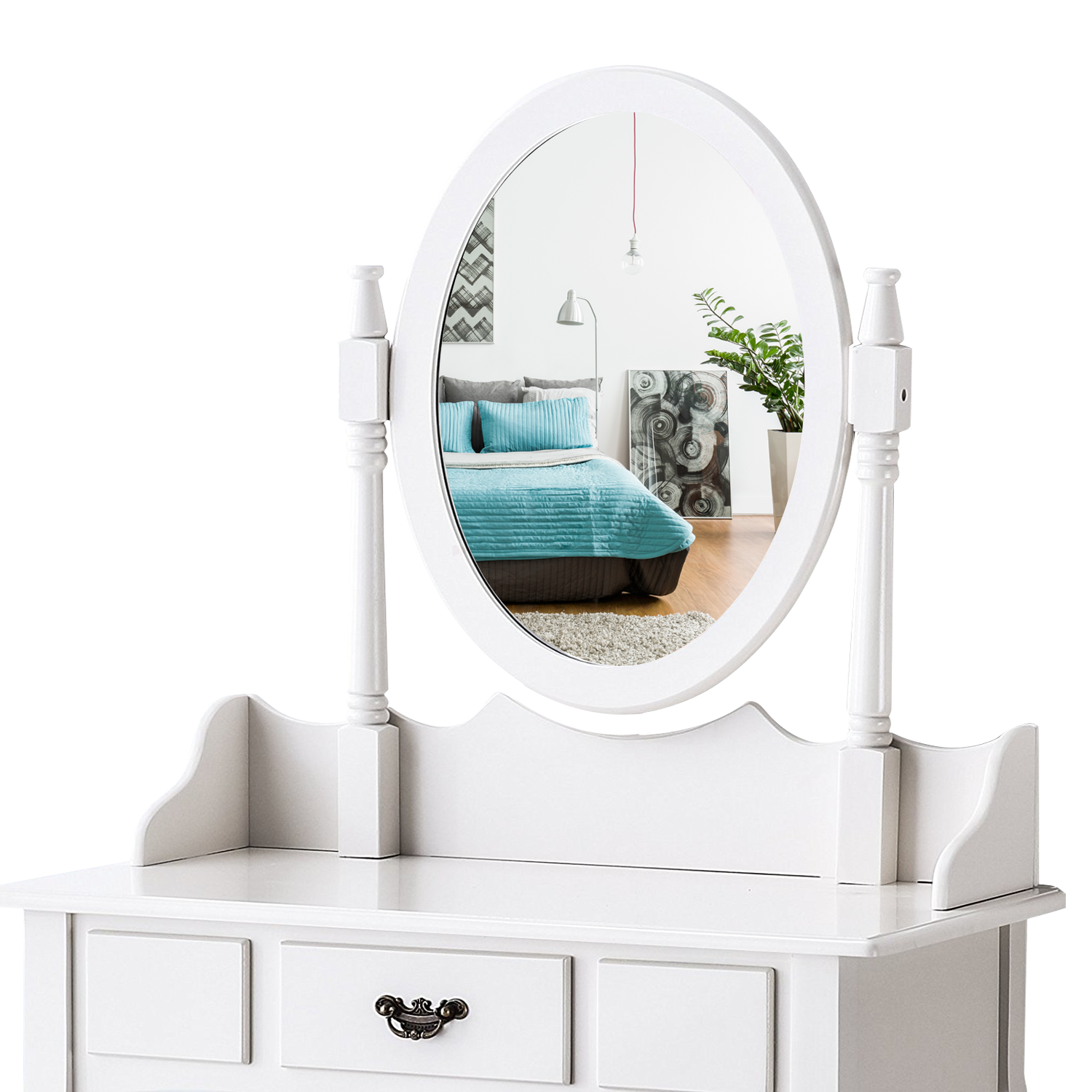 Levede Dressing Table Stool with Mirror and Drawers, elegantly designed in white, featuring a padded stool and ample storage for makeup and jewelry.