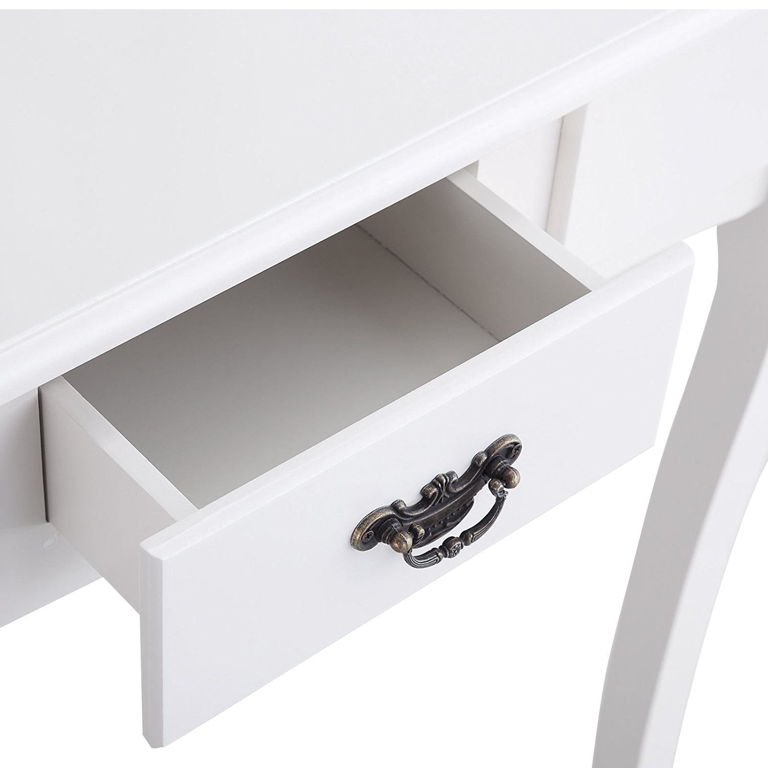 Levede Dressing Table Stool with Mirror and Drawers, elegantly designed in white, featuring a padded stool and ample storage for makeup and jewelry.