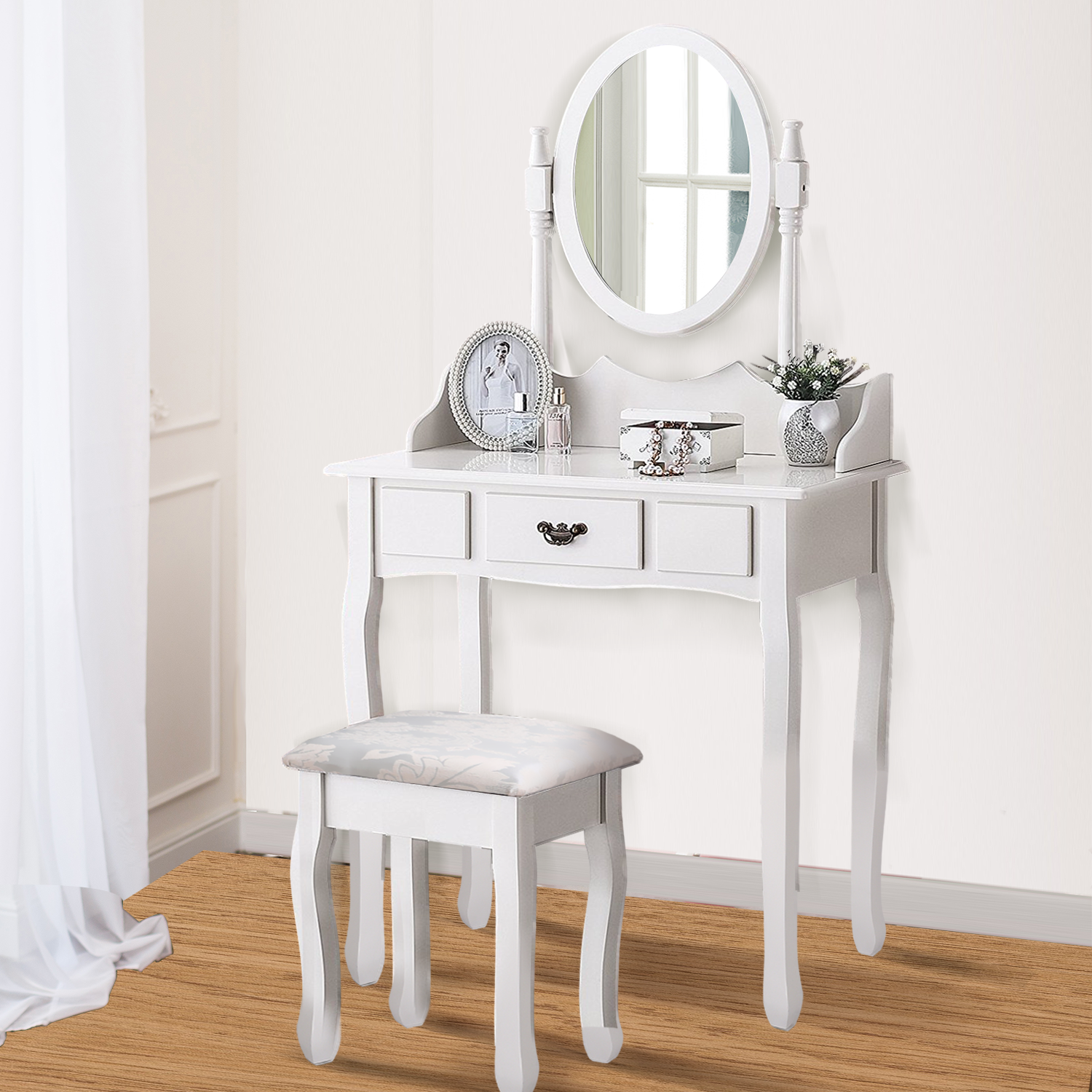 Levede Dressing Table Stool with Mirror and Drawers, elegantly designed in white, featuring a padded stool and ample storage for makeup and jewelry.