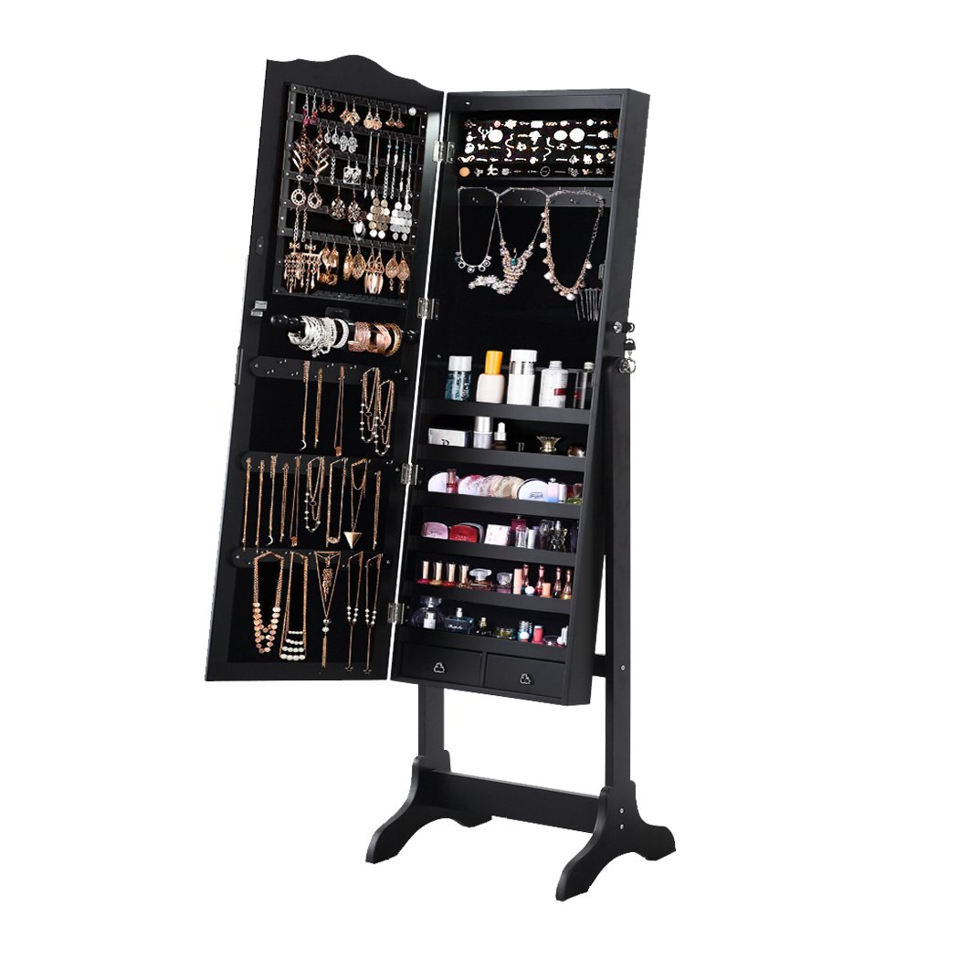 Levede Dual Use Mirrored Jewellery Dressing Cabinet in black, featuring a full-length mirror and ample jewellery storage space.