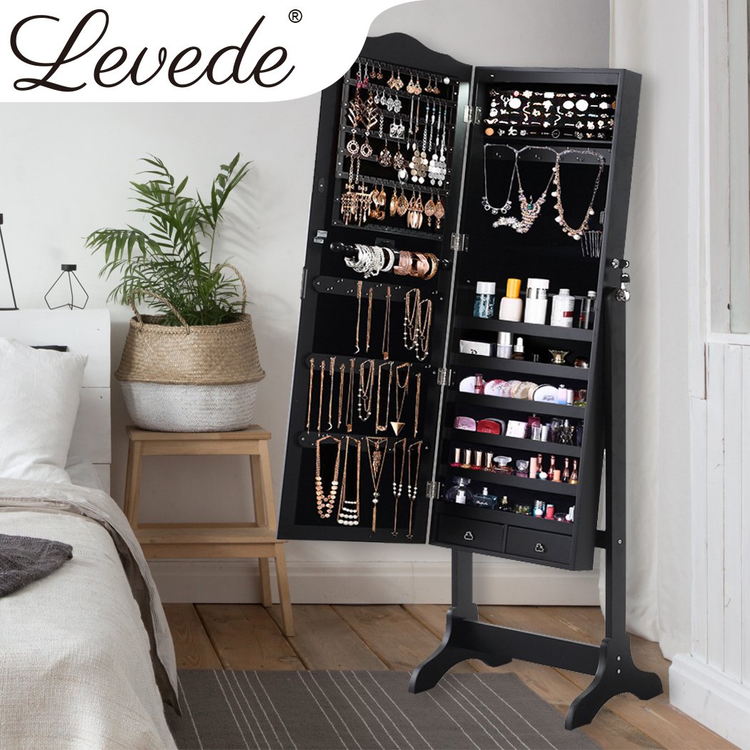 Levede Dual Use Mirrored Jewellery Dressing Cabinet in black, featuring a full-length mirror and ample jewellery storage space.