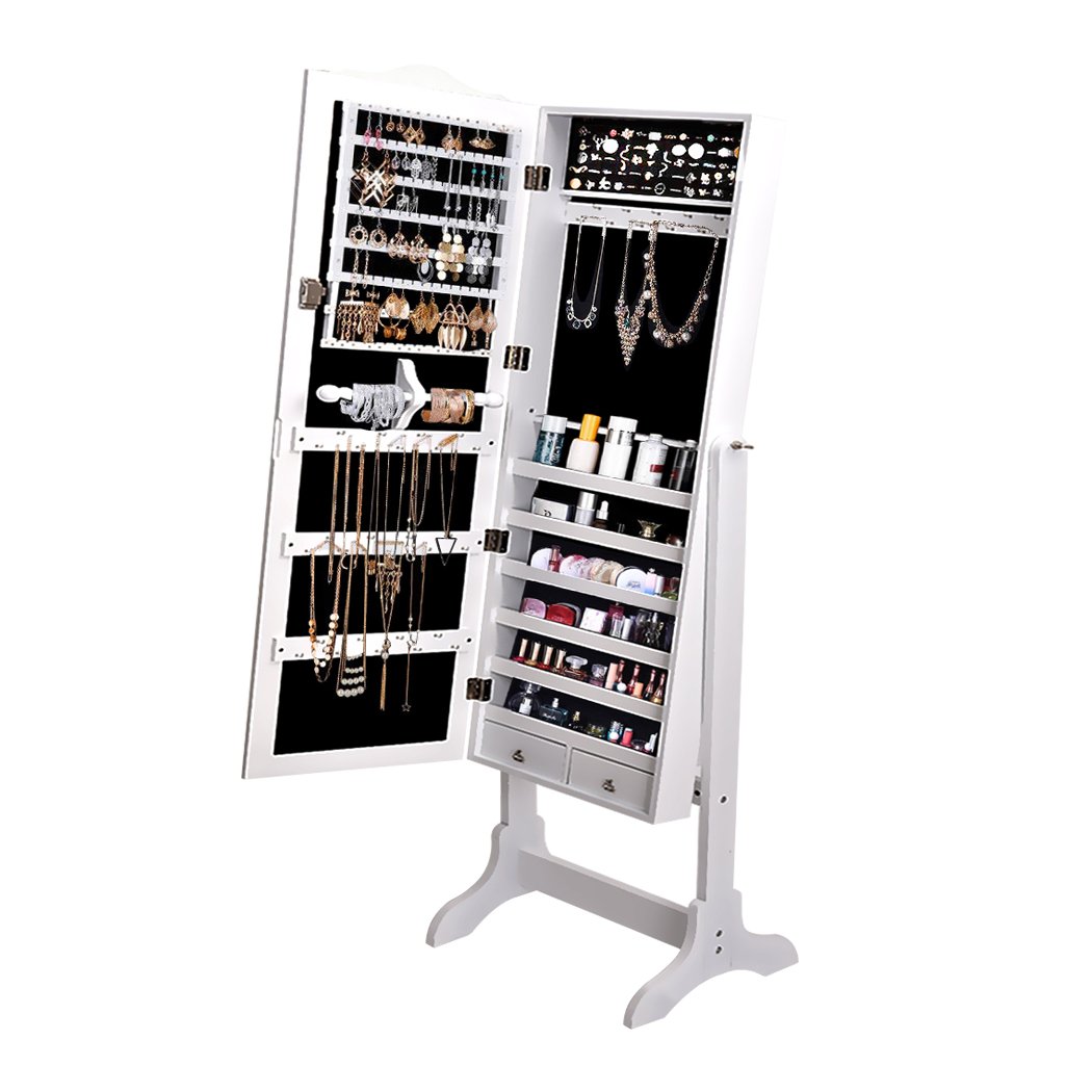 Levede Dual Use Mirrored Jewellery Dressing Cabinet in white, showcasing full-length mirror and jewellery storage features.