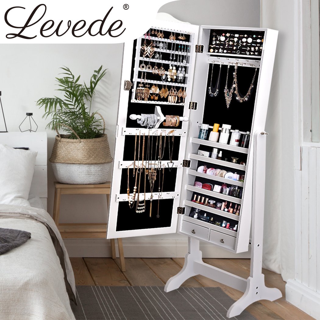 Levede Dual Use Mirrored Jewellery Dressing Cabinet in white, showcasing full-length mirror and jewellery storage features.