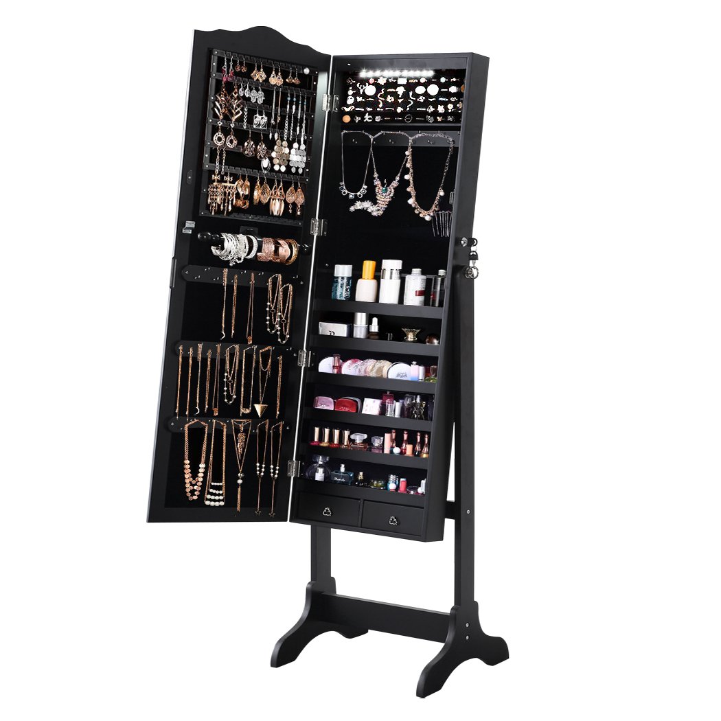 Levede Dual Use Mirrored Jewellery Dressing Cabinet with LED Light, showcasing its elegant black finish and full-length mirror design.