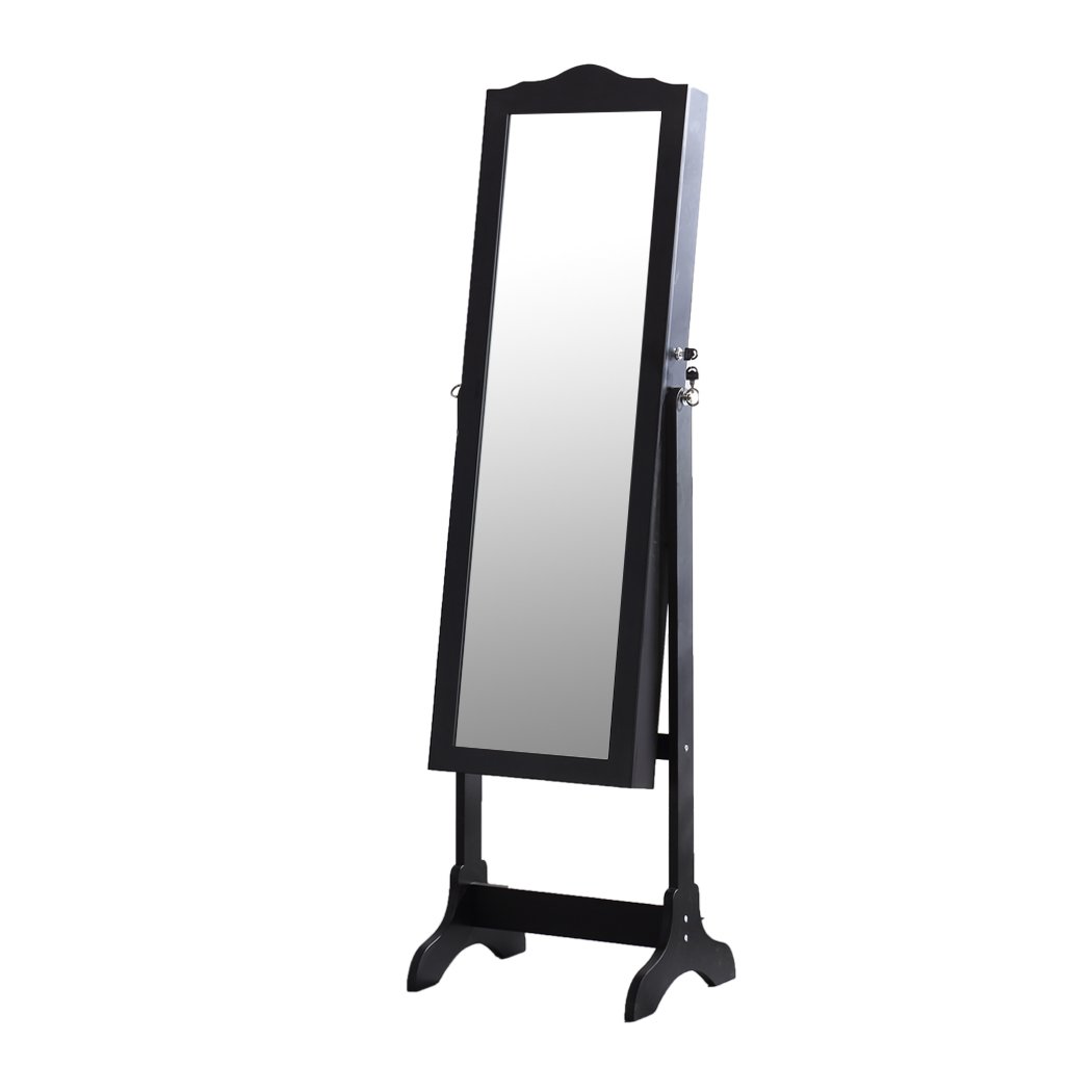 Levede Dual Use Mirrored Jewellery Dressing Cabinet with LED Light, showcasing its elegant black finish and full-length mirror design.