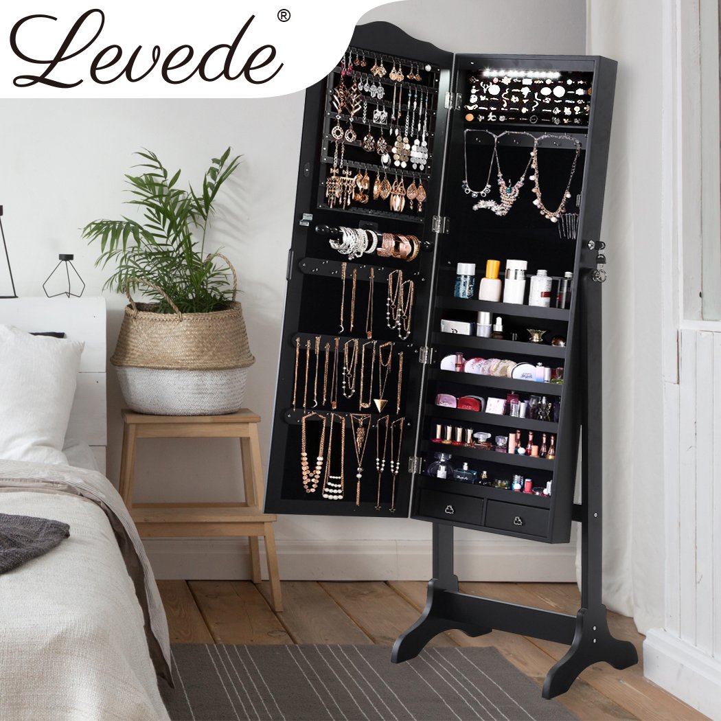 Levede Dual Use Mirrored Jewellery Dressing Cabinet with LED Light, showcasing its elegant black finish and full-length mirror design.