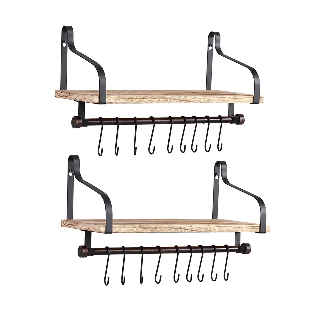 Levede Floating Shelf Brackets showcasing sturdy paulownia wood with hooks and towel bar, perfect for stylish wall display.