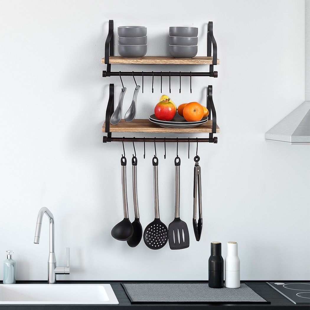 Levede Floating Shelf Brackets showcasing sturdy paulownia wood with hooks and towel bar, perfect for stylish wall display.