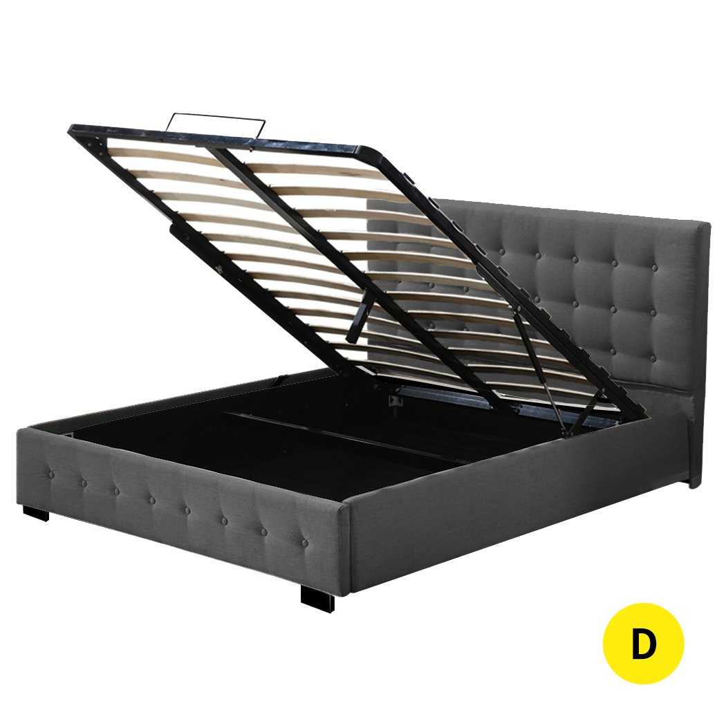 Levede Gas Lift Bed Frame in dark grey fabric with a modern Scandinavian design, showcasing the sturdy gas lift mechanism and stylish headboard.