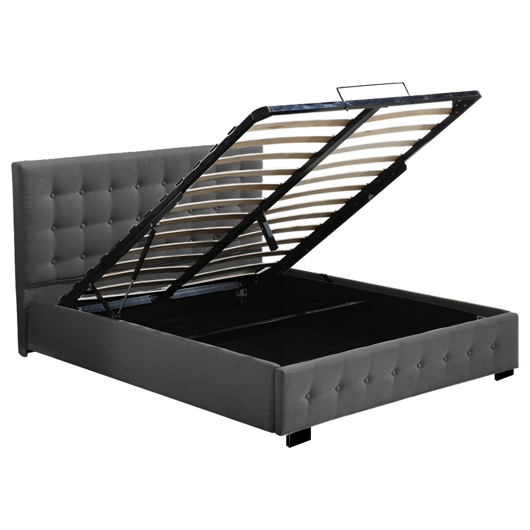 Levede Gas Lift Bed Frame in dark grey fabric with a modern Scandinavian design, showcasing the sturdy gas lift mechanism and stylish headboard.