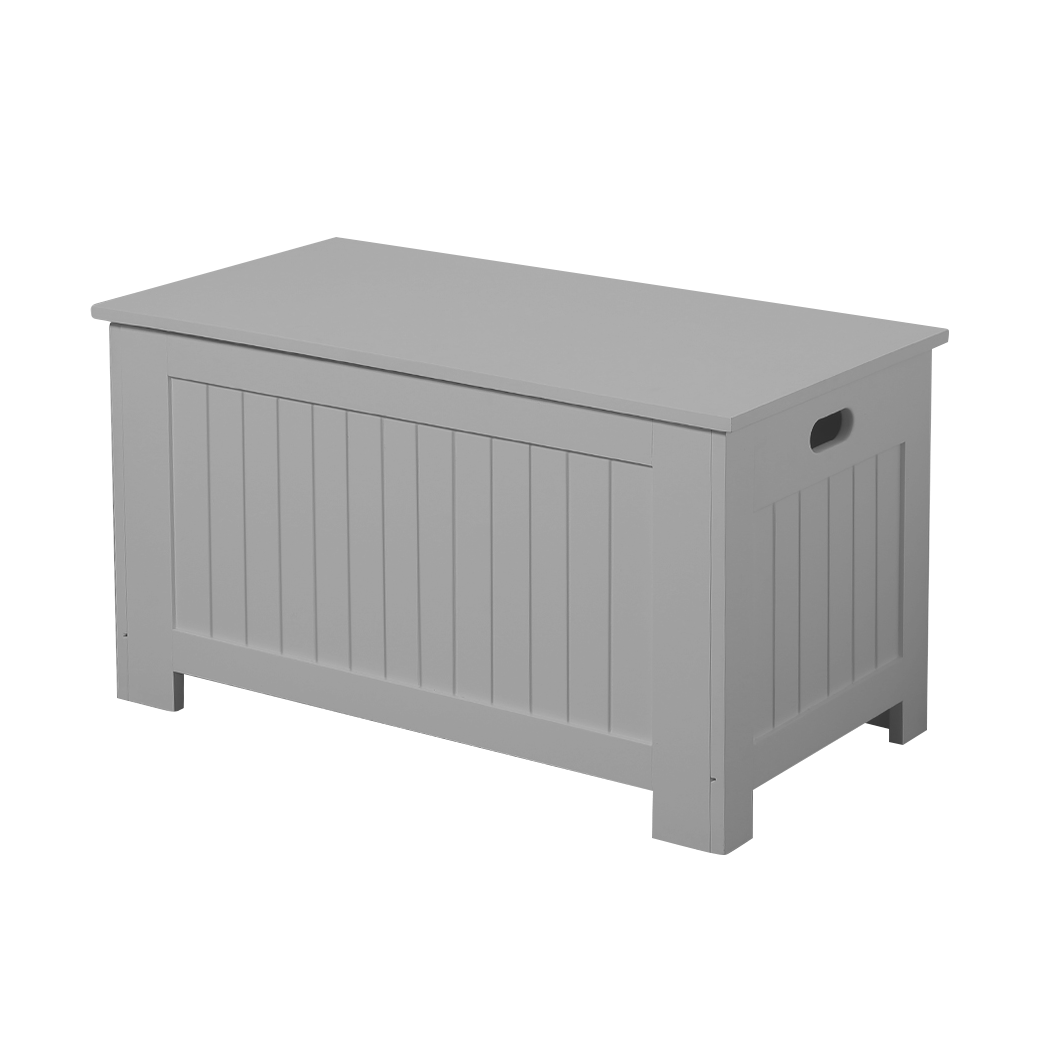 Levede Kids Toy Box Chest in grey, made from eco-friendly MDF, showcasing its modern design and multifunctional use.