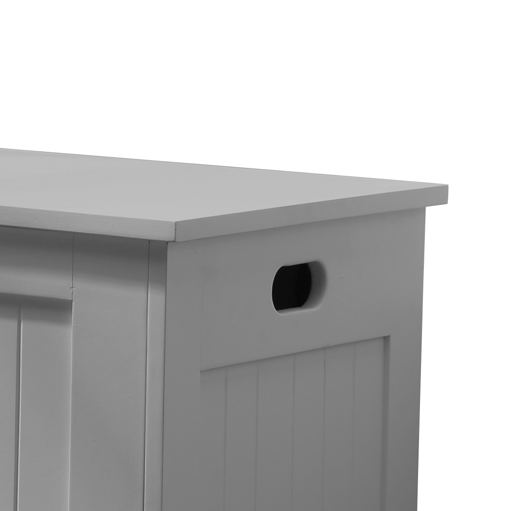 Levede Kids Toy Box Chest in grey, made from eco-friendly MDF, showcasing its modern design and multifunctional use.