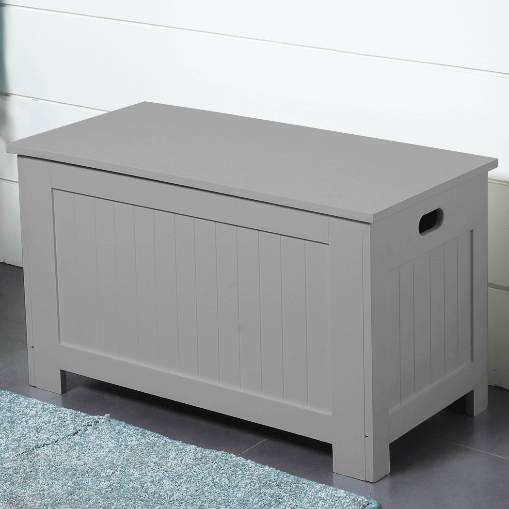 Levede Kids Toy Box Chest in grey, made from eco-friendly MDF, showcasing its modern design and multifunctional use.