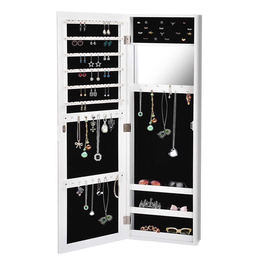 Levede Mirror Jewellery Cabinet in white, featuring a mirror and spacious interior for jewelry storage, mounted on a wall.