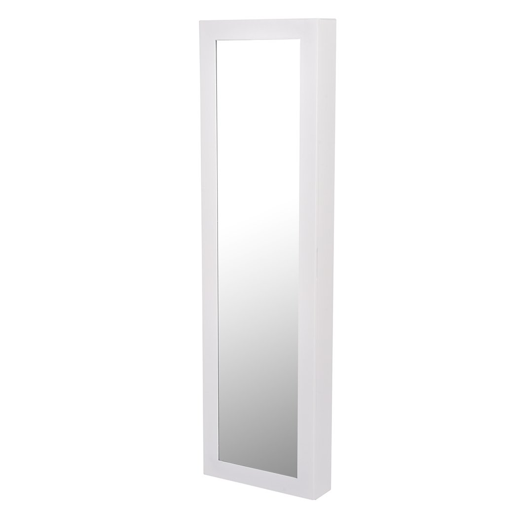 Levede Mirror Jewellery Cabinet in white, featuring a mirror and spacious interior for jewelry storage, mounted on a wall.