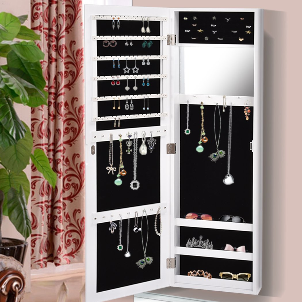 Levede Mirror Jewellery Cabinet in white, featuring a mirror and spacious interior for jewelry storage, mounted on a wall.