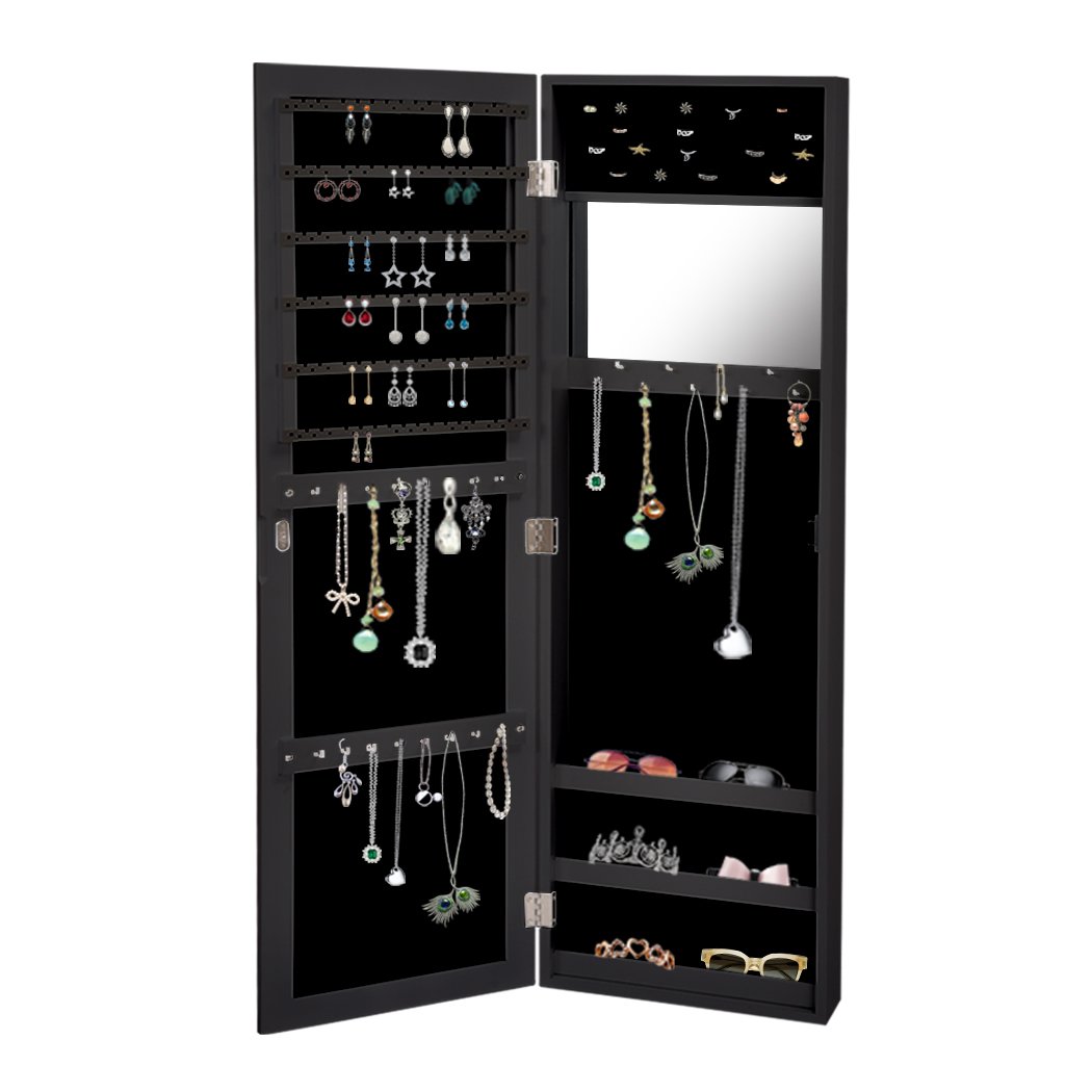 Levede Mirror Jewellery Cabinet with a sleek black finish, featuring a mirror and spacious storage for jewelry and cosmetics.