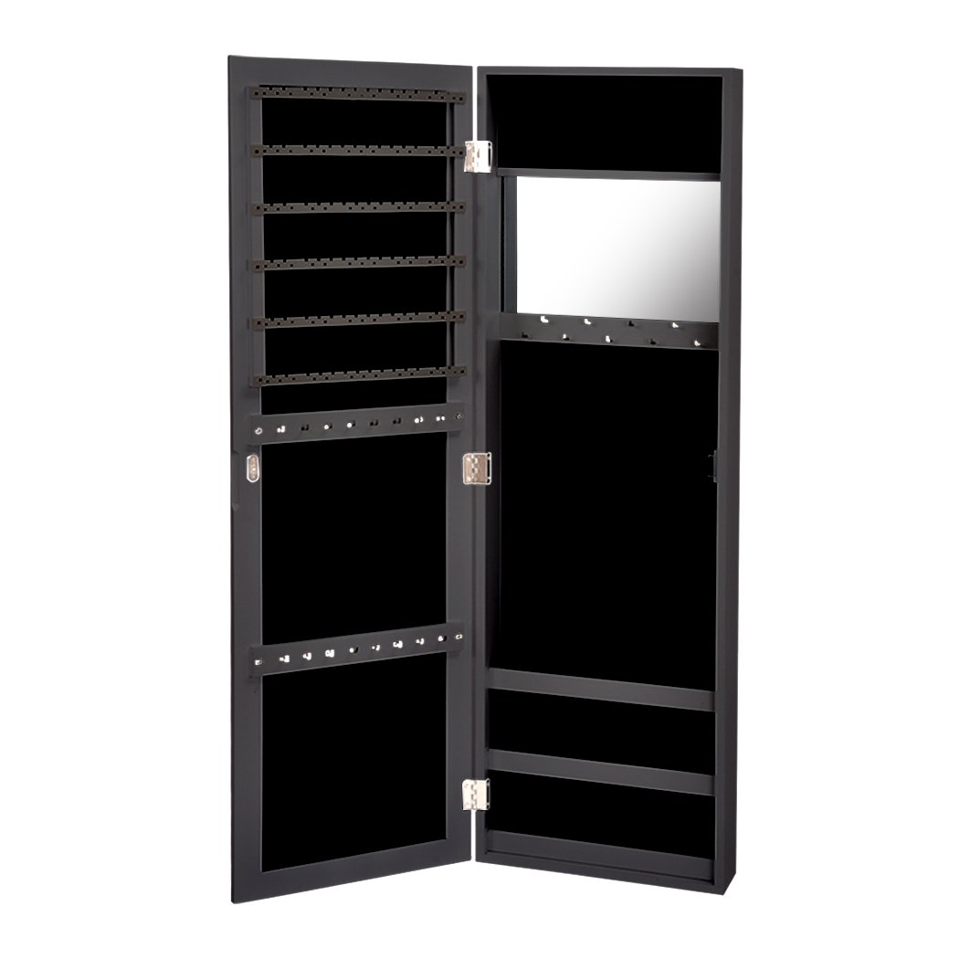 Levede Mirror Jewellery Cabinet with a sleek black finish, featuring a mirror and spacious storage for jewelry and cosmetics.