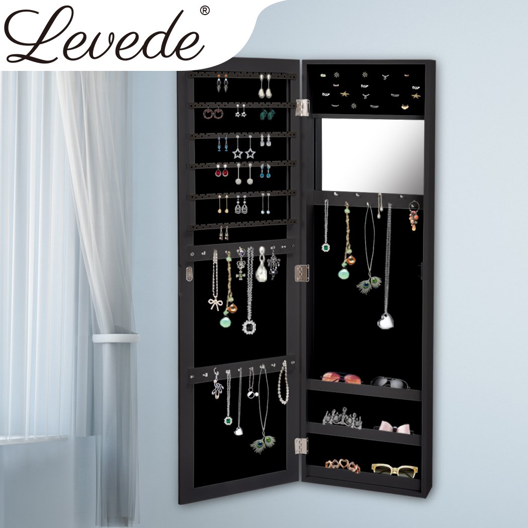 Levede Mirror Jewellery Cabinet with a sleek black finish, featuring a mirror and spacious storage for jewelry and cosmetics.