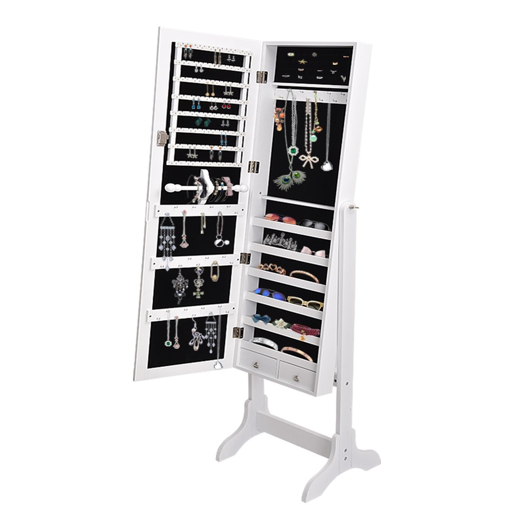 Levede Mirror Jewellery Standing Cabinet in white with full-length mirror and black velvet interior, showcasing organized jewelry storage.