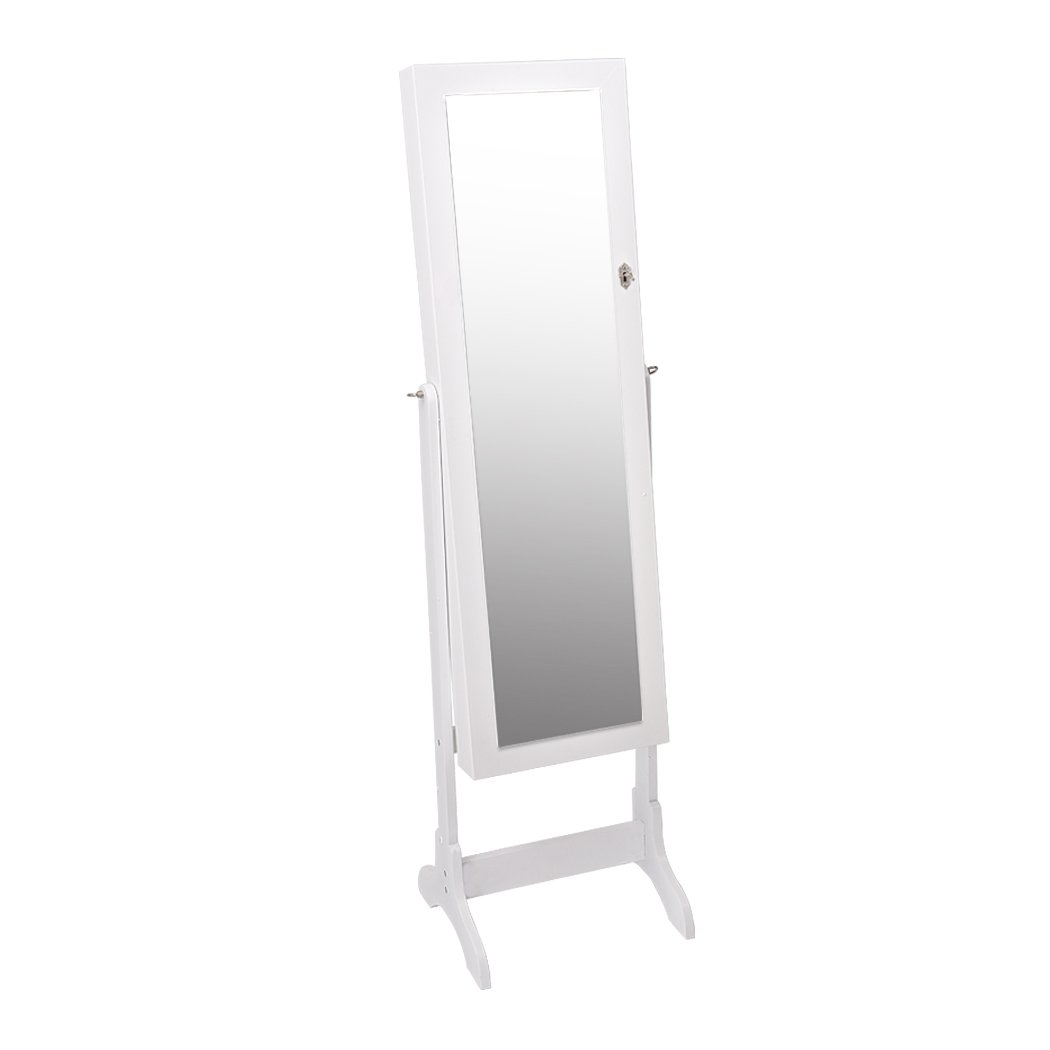 Levede Mirror Jewellery Standing Cabinet in white with full-length mirror and black velvet interior, showcasing organized jewelry storage.