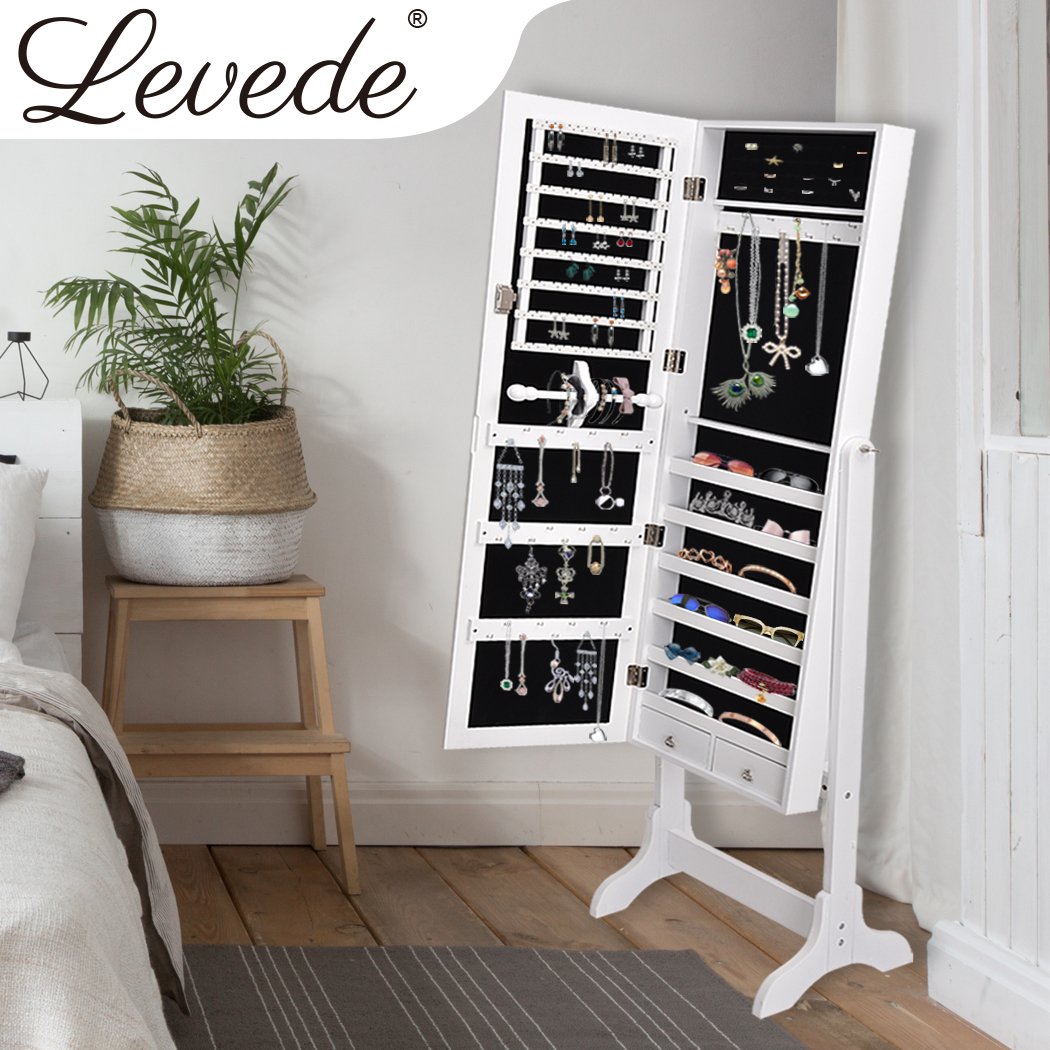 Levede Mirror Jewellery Standing Cabinet in white with full-length mirror and black velvet interior, showcasing organized jewelry storage.