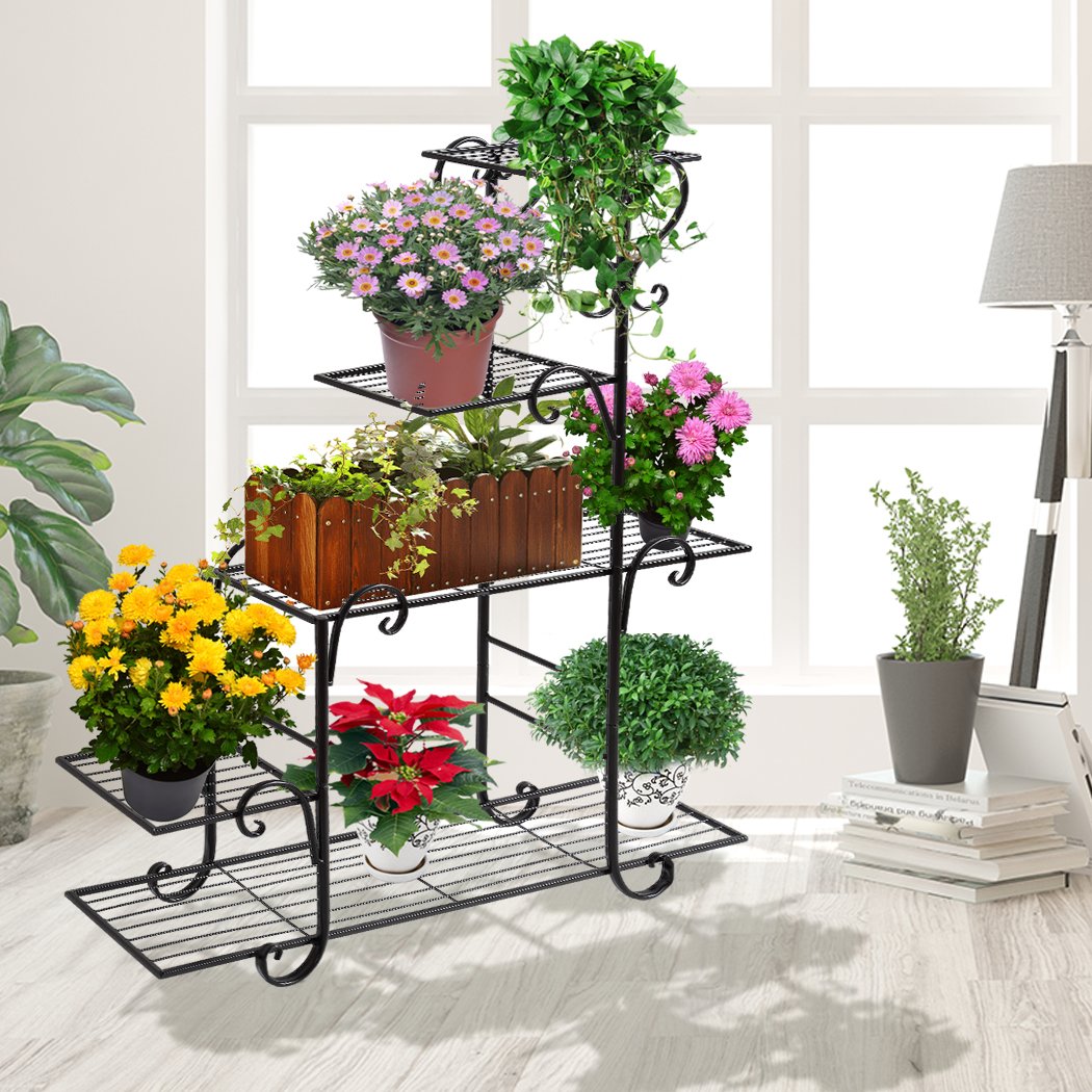 Levede Metal Plant Stand showcasing multiple flower pots in a stylish black design, suitable for indoor and outdoor use.