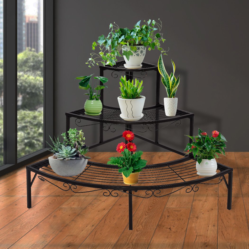 Levede 3 Tier Planter Stand made of durable steel, featuring a sleek black finish and space-saving design, ideal for indoor and outdoor plant display.