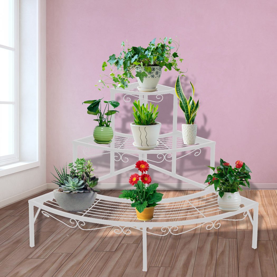 Levede 3 Tier Planter Stand in white, showcasing three levels for potted plants, featuring a durable steel frame and elegant design.