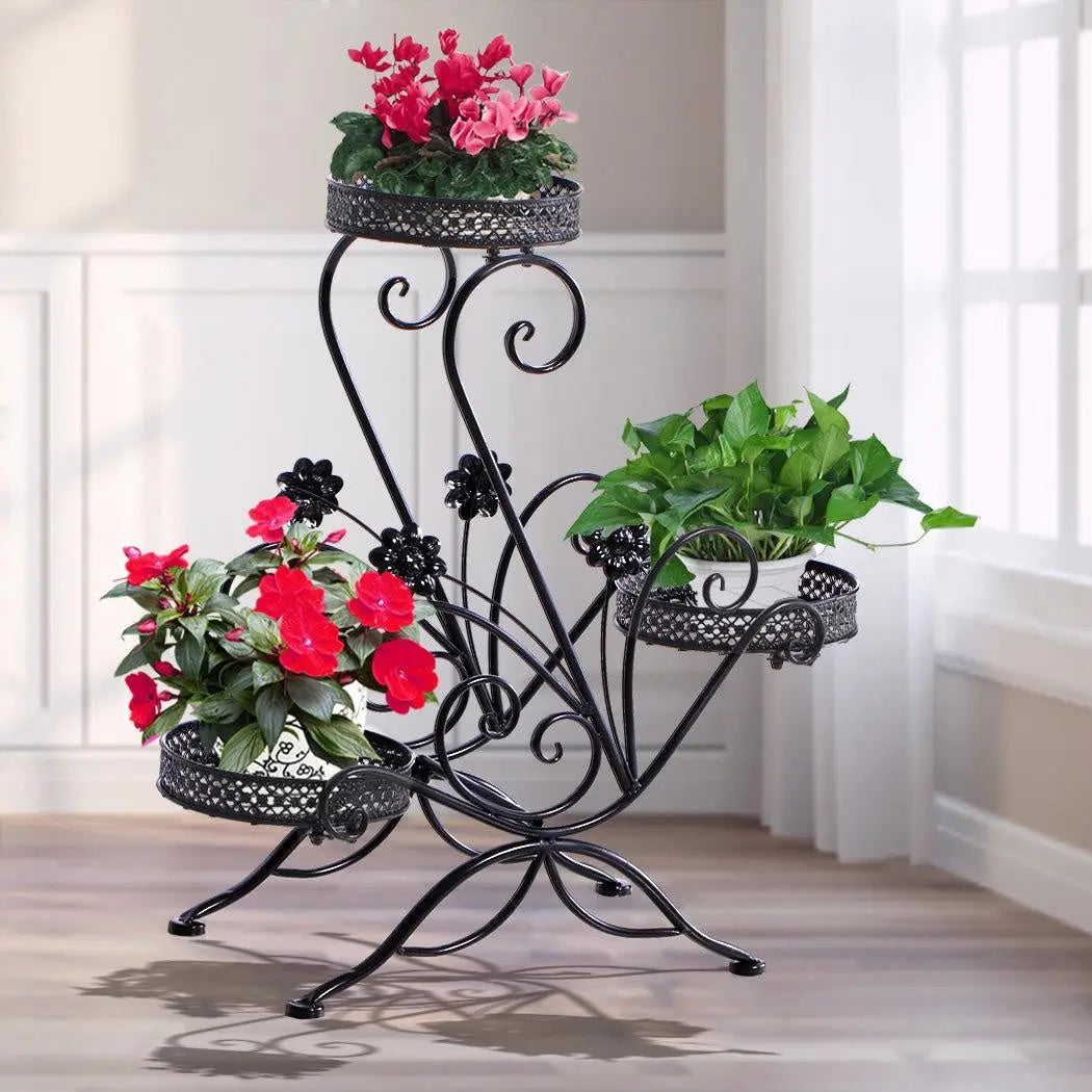 Levede Plant Stand featuring a durable steel frame with an elegant imitation rattan design, perfect for indoor and outdoor plant display.