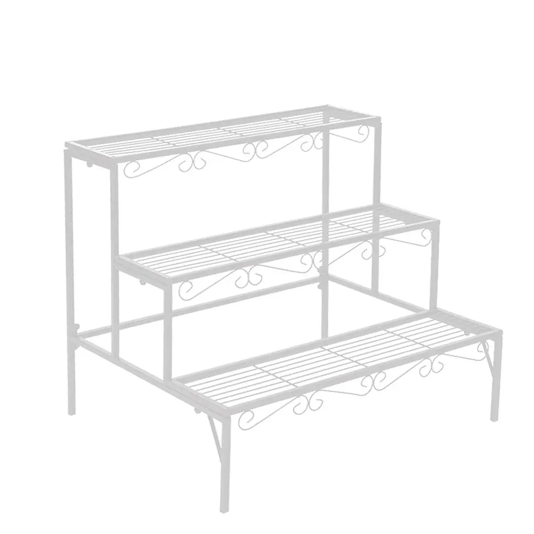 Levede Plant Stands in white metal, showcasing multiple tiers for potted plants, suitable for indoor and outdoor use.