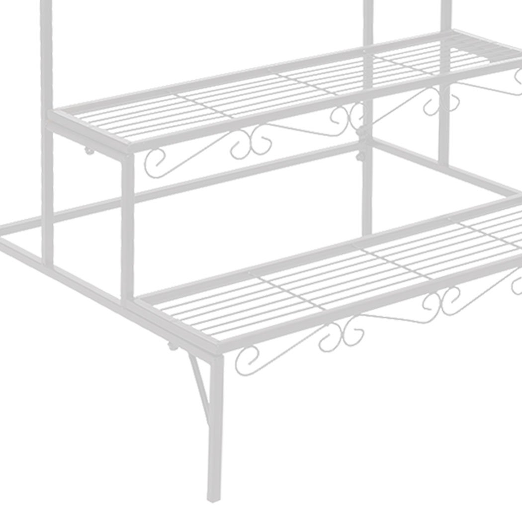 Levede Plant Stands in white metal, showcasing multiple tiers for potted plants, suitable for indoor and outdoor use.