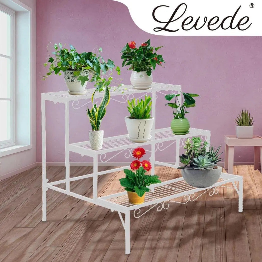 Levede Plant Stands in white metal, showcasing multiple tiers for potted plants, suitable for indoor and outdoor use.