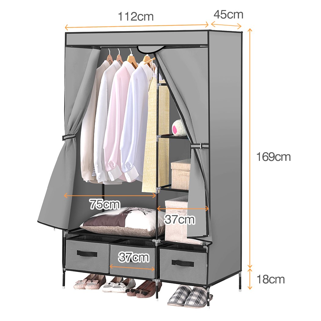 Levede Portable Clothes Closet in grey, showcasing its stylish design and spacious compartments for clothing storage.