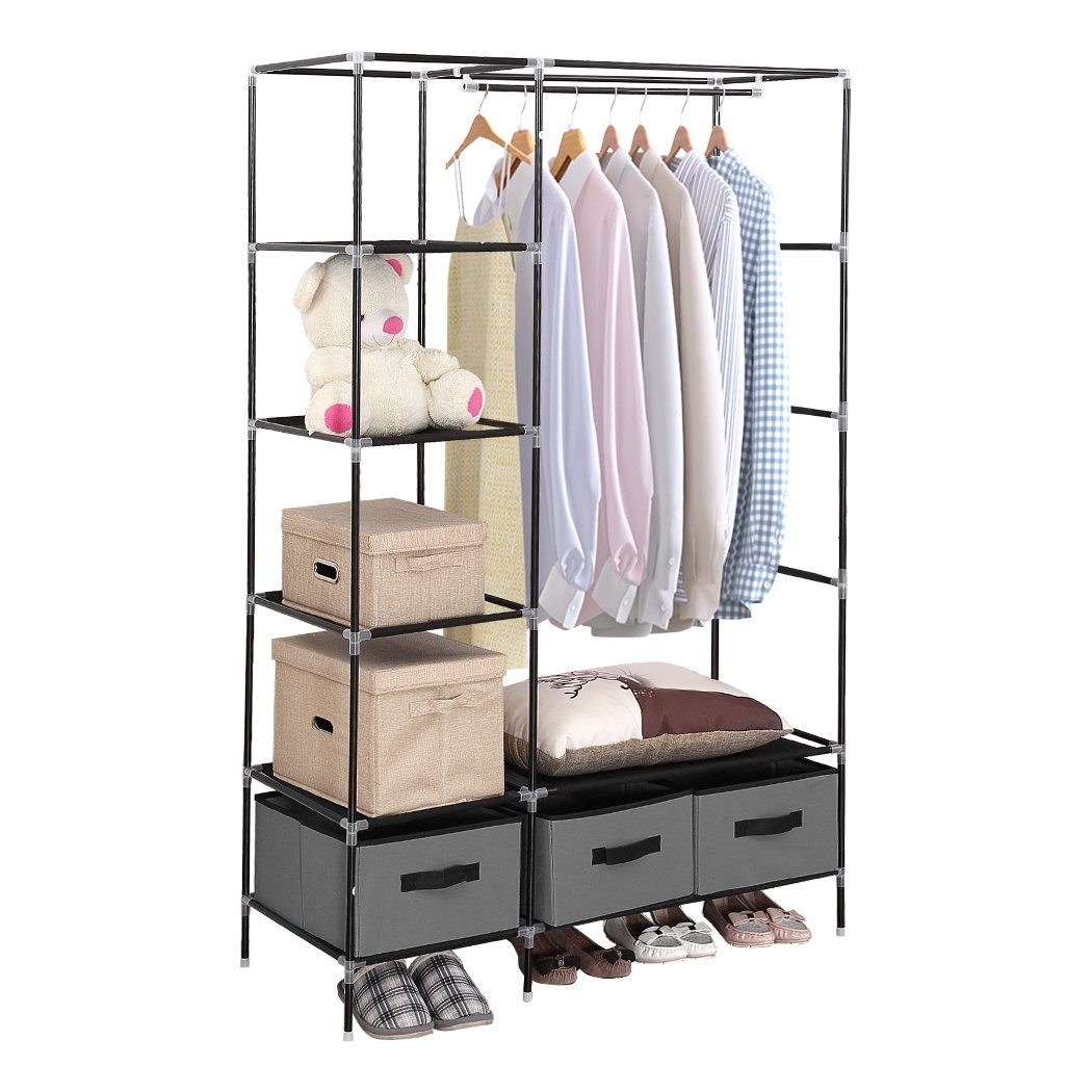 Levede Portable Clothes Closet in grey, showcasing its stylish design and spacious compartments for clothing storage.