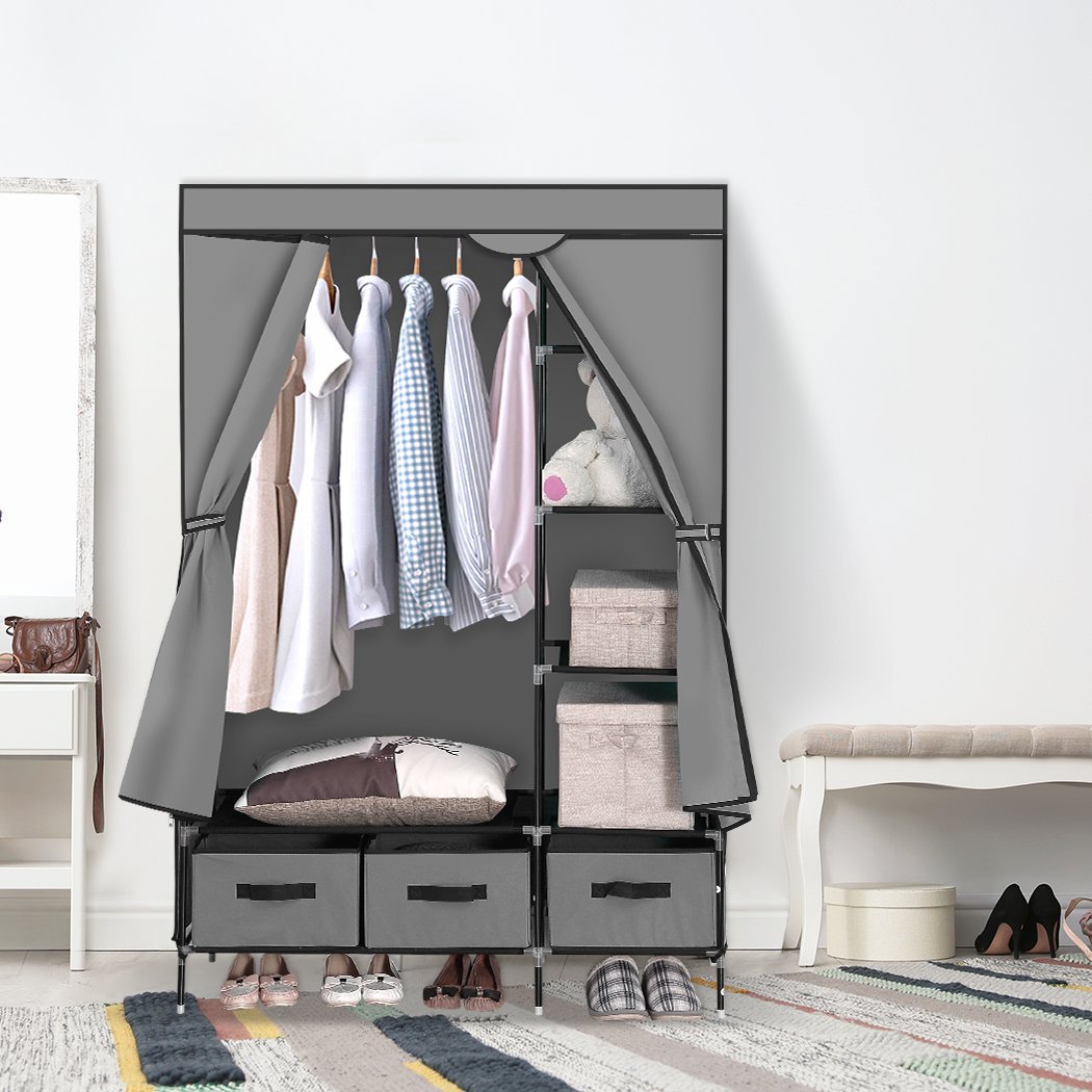 Levede Portable Clothes Closet in grey, showcasing its stylish design and spacious compartments for clothing storage.